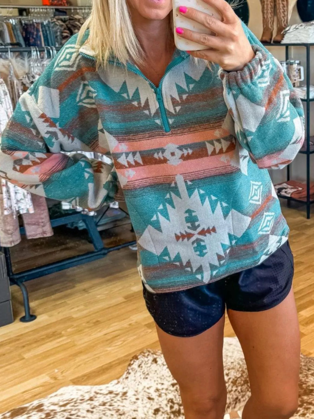 Quarter Zip Elastic Cuffs Aztec Sweatshirt
