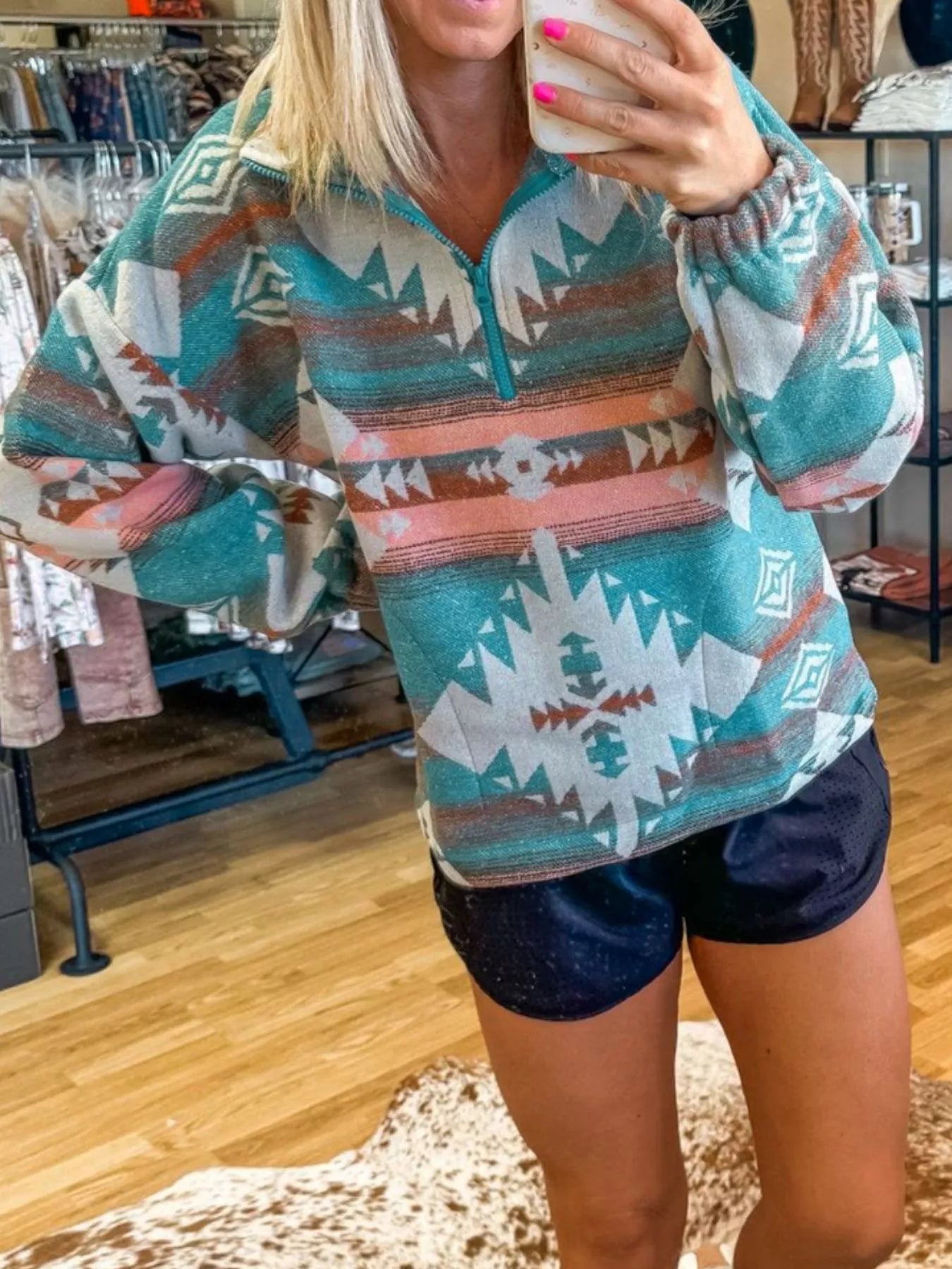 Quarter Zip Elastic Cuffs Aztec Sweatshirt