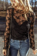 Apricot Lace Mesh Crochet Splicing Slim Fit Long Sleeve Blouse