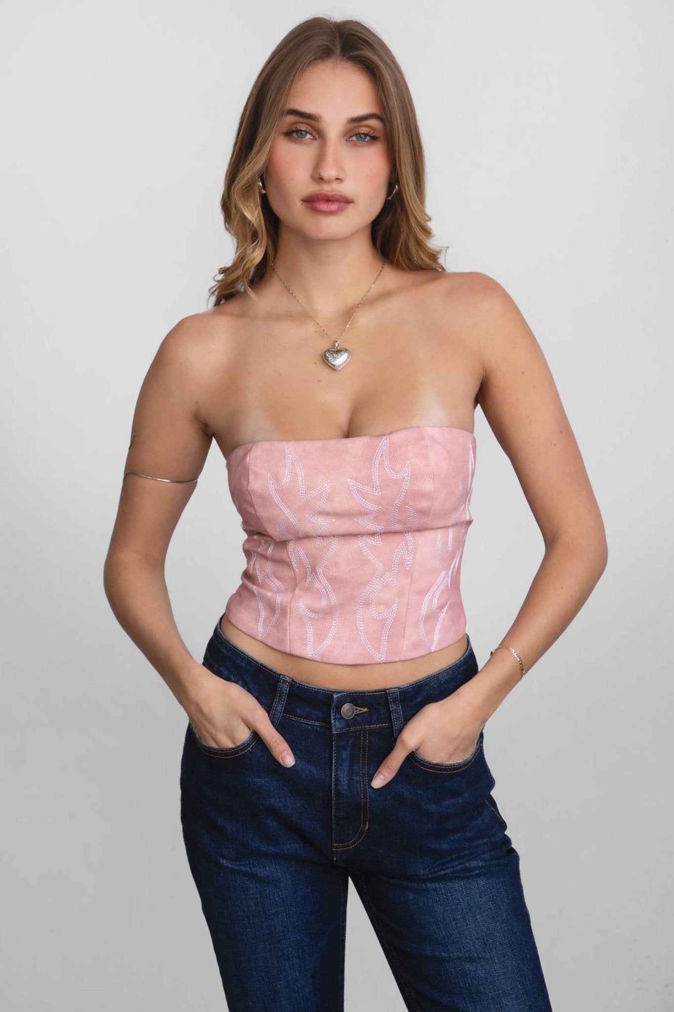 TICTOC "Jolene" Embroidered Western Corset Top — PU Vegan Leather Bandeau with Lace-Up Back (4 Colors)